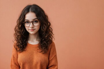 Young introverted woman with curly long hair, wearing an orange sweater and glasses standing on a peach background. - obrazy, fototapety, plakaty