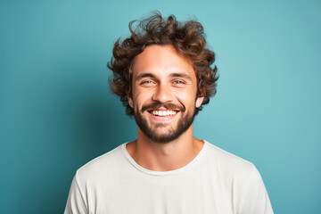 Smiling man on a vibrant background, exuding confidence and positivity. A colorful portrait capturing joy and urban style.