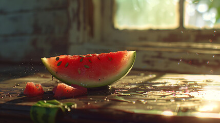 a slice of juicy watermelon, dripping with red and pink hues, resting on a rustic wooden table