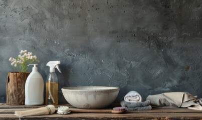 Cleaning tools in a basin on a wooden table