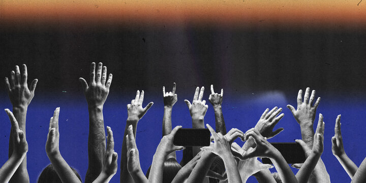 Huma hands raised. People attending live concert, enjoying music. Crowd waiting in excited anticipation for live performance. Concept of music, festival, creativity, retro and vintage. Creative design