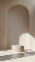 A 3D rendering of a podium made of hardwood in a room with a hardwood ceiling and a circular archway. The room also contains gas, glass dishware, and serveware