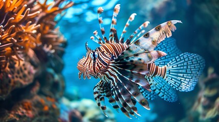 Naklejka na ściany i meble cf0 A lionfish gracefully swims through the crystal-clear waters of a coral reef, its vibrant colors and long, AI Generative