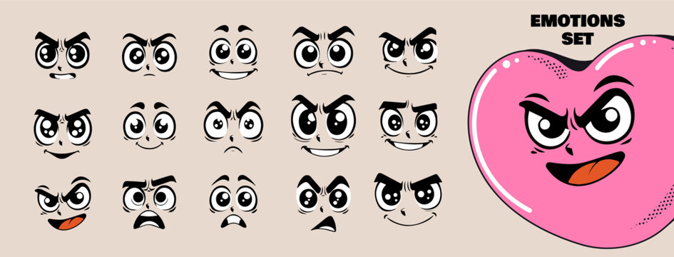 Cartoon retro faces. Vintage emotional face,  funny eyes and mouth, different facial expression. Vector set