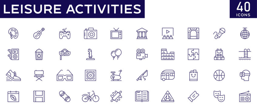 Leisure activities icons set with fully editable stroke thin line vector illustration with painting, video games, museum, cinema, theater, backpacking, fishing, stage drama, hobby, recreation, exercis
