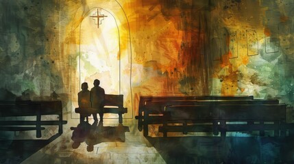 A Spiritual Scene of a Couple on a Bench