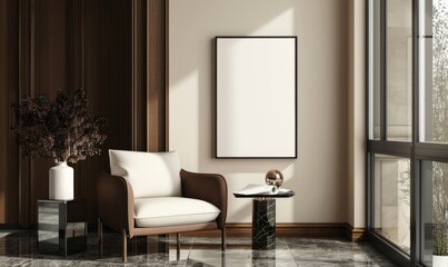 ISO A size poster installed in a modern living room with reflective glass and sophisticated interior design