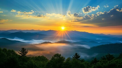 magical early morning sunrise on top of the smoky mountains, AI Generative