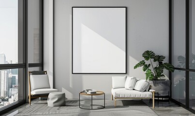 Frames with one vertical ISO poster mounted on a reflective glass wall in a modern living room