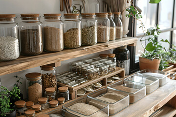 Fototapeta premium Eco-friendly storage and organization concept for food ingredients. Variety of raw legumes, seeds, herbs in glass jars on wooden kitchen shelves. Design for healthy lifestyle blog, kitchen interior