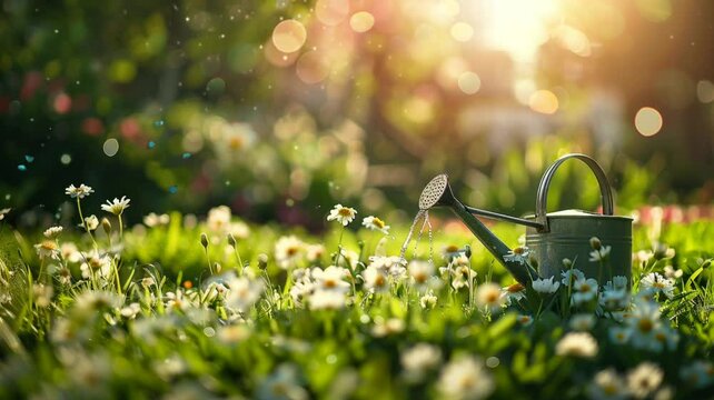 Garden with watering can and butterflies animation video looping motion	