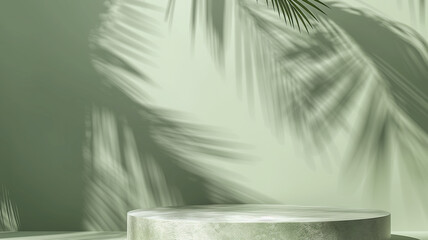 Marble round podium on green background with a shadow of palm leaves. 3D Rendering