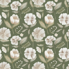 Watercolor floral seamless pattern on a pastel green background. Hand drawn print design.