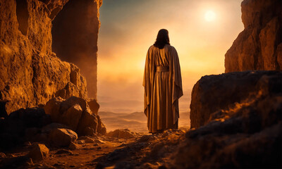 Biblical scene of Jesus resurrected in the cave leaving the empty tomb at sunrise. He is risen. - obrazy, fototapety, plakaty