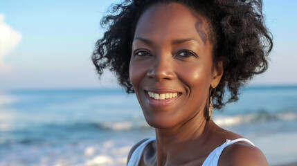 Mulher afro sorrindo na praia em frente ao mar  - obrazy, fototapety, plakaty