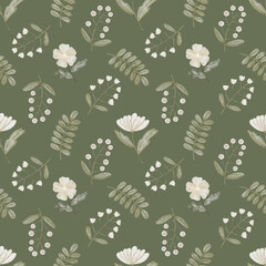 Watercolor rustic floral seamless pattern on an olive background. Hand drawn wallpaper, print design.