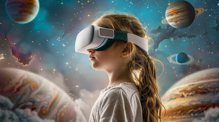 A girl wearing virtual reality goggles explores the cosmos by reaching out to the stars VR