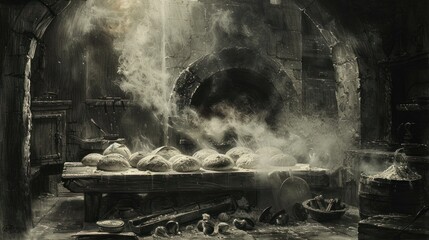 Charcoal Drawing Captures Multi-Stage Baking Process in a Rustic Oven with Old Master's Chiaroscuro Technique