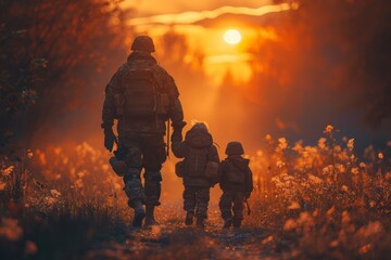 An emotive image capturing silhouetted soldiers holding hands with children against a dusk lit backdrop, face excluded - obrazy, fototapety, plakaty