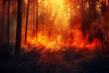 Forest fire, Wildfire burning tree in red and orange color - obrazy, fototapety, plakaty
