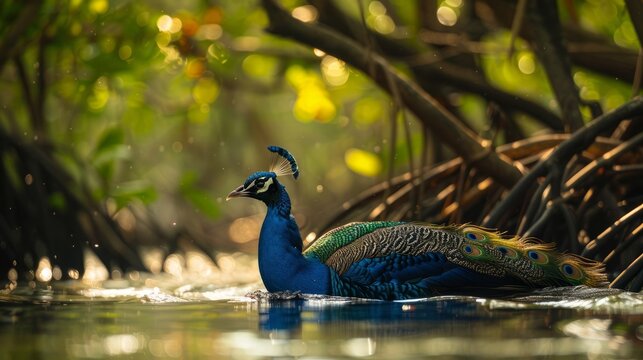 a medium shot captures a peacock swimming on its back through the tranquil waters of a mangrove