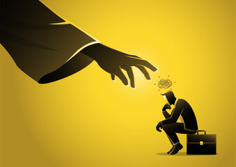 a businessman sitting on suitcase sadly and hand reaching him vector illustration