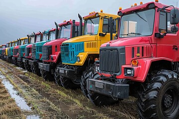 A colorful array of parked farm tractors, showcasing machinery and agriculture