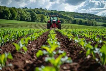 A red tractor creates furrows in lush green fields under a blue sky with clouds, denoting farm...