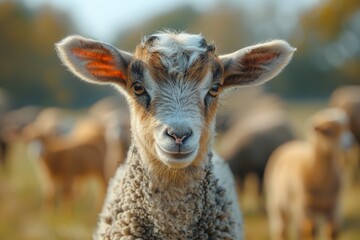 Close-up of a young, curious goat with blurred sheep in the background, capturing the essence of farm life