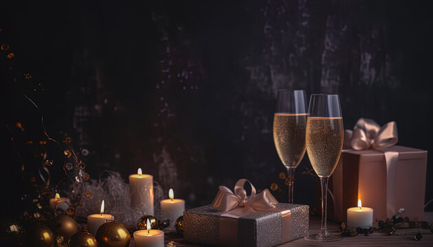 A table with two champagne glasses, boxes, and candles