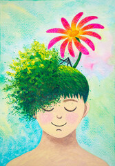 man human head cut clear mind mental conscious health brain breath mediter spiritual growing blooming flower nature peace positive heal soul therapy art design illustration watercolor painting concept - 758016702