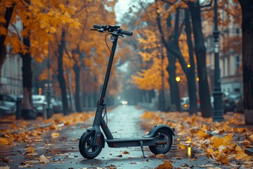 An electric scooter stands alone amidst fallen autumn leaves on an urban street, signifying eco-friendly transportation