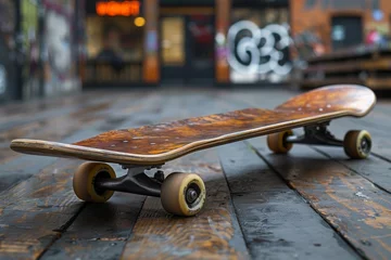 Deurstickers Close-up of skateboard on textured wooden surface, capturing the essence of skate culture © Larisa AI
