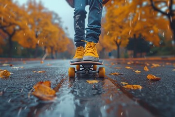 A dynamic low angle view of a person skateboarding among fallen leaves on a wet park path during autumn rain - Powered by Adobe