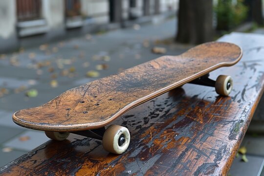 An image of a well-worn skateboard resting on a wooden bench surrounded by autumn leaves