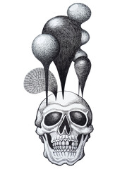death human dead head skull black white skeleton art design illustration hand drawing sketch tattoo isolated halloween bone horror graphic think balloon mind mental spiritual health vintage background - 758016903