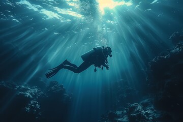 An ethereal underwater capture highlighting a lone scuba diver, beams of sunlight and the vast ocean