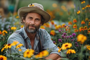 A man in a straw hat with a gentle smile surrounded by vibrant flowers in a garden