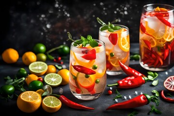 Zesty Citrus Infused Water with Chili. Spicy cocktail. A glass of invigorating citrus-infused...