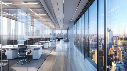 A sleek, modern office space with glass walls, ergonomic furniture, and panoramic views of a bustling cityscape below