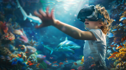 A young child puts on a virtual reality helmet and explores the underwater world reaching out to...