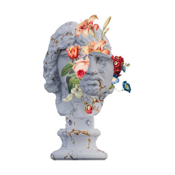 Barbarian Chief statues 3d render, collage with flower petals compositions for your work