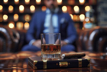 A man in a suit sits on a couch with a glass of whiskey and a cigar. Concept of relaxation and indulgence, as the man enjoys his drink and cigar in a comfortable setting - obrazy, fototapety, plakaty