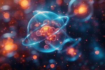 This 3D rendered image features a detailed molecular structure concept presented in mesmerizing blue and orange hues against a blurry backdrop - obrazy, fototapety, plakaty