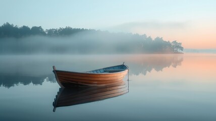 an old wooden fishing boat on a calm lake at dawn, mist rising off the water - obrazy, fototapety, plakaty