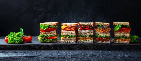 Assorted Gourmet Sandwiches on Dark Background. Variety of thick sandwiches with multiple layers of meats, vegetables, and cheese on a rustic dark wooden background.