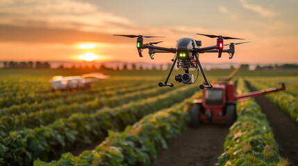 Drone equipped with camera flying over farm, symbolizing modern techniques in agriculture field surveillance. Concept agriculture