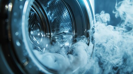 Steamy Washing Machine with Swirling Laundry. steam filling the laundry room as clothes transition from the spin cycle to the dryer