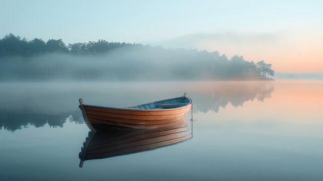 an old wooden fishing boat on a calm lake at dawn, mist rising off the water