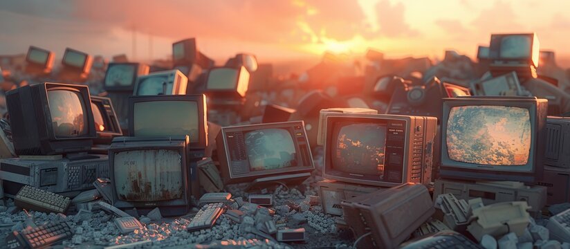 Many outdated computer monitors abandoned as a pile of garbage. Environmental problems that come from electronic waste